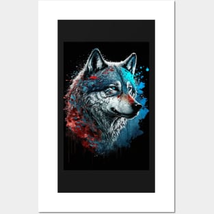 Mean Wolf portrait with teal and red glow Posters and Art